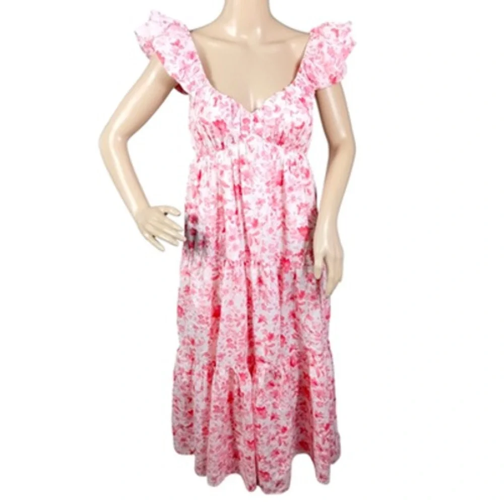 Abercrombie & Fitch Dress Womens Small Petite Pink Floral‎ Ruffle Tiered Maxi